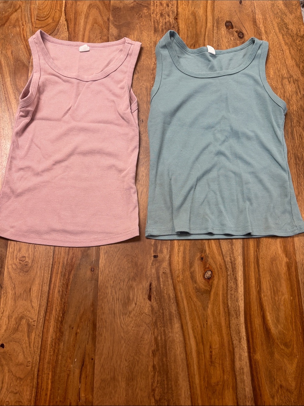SHEIN Pink & Sage Ribbed Tank Tops Set